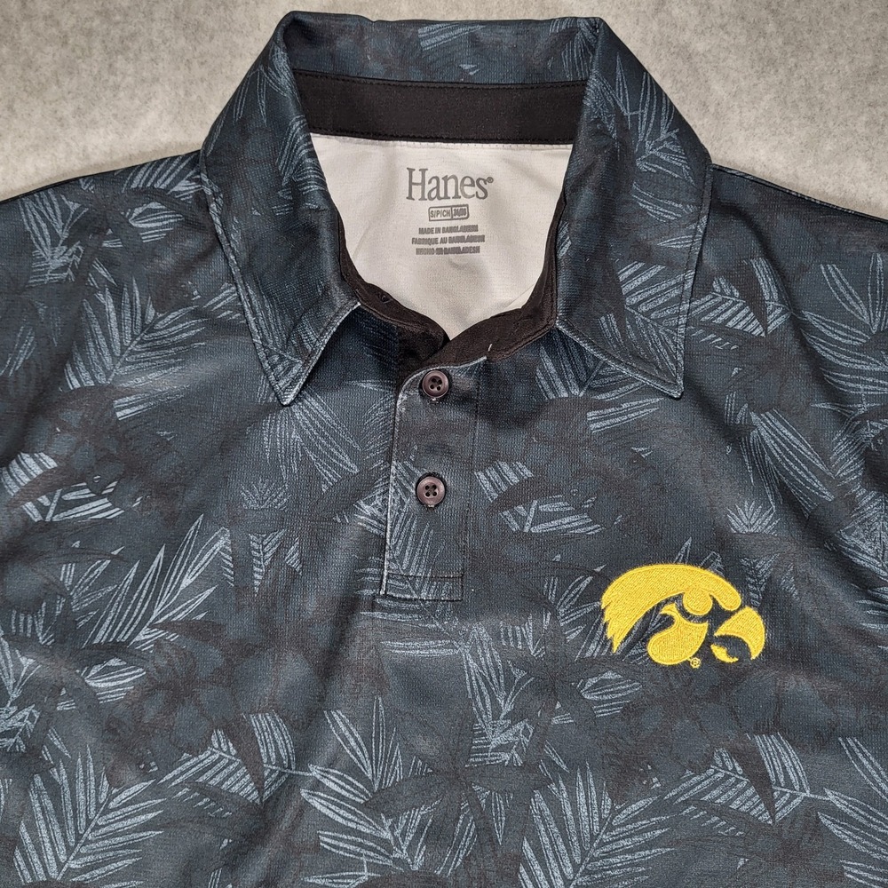 Iowa Hawkeyes Hawaiian Floral Print‎ Short Sleeve Polo Hanes Mens Small Black